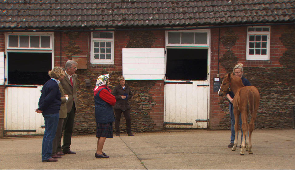 Queen Elizabeth II inspects a newborn foal at Sandringham Stud. (BBC/PA Images)