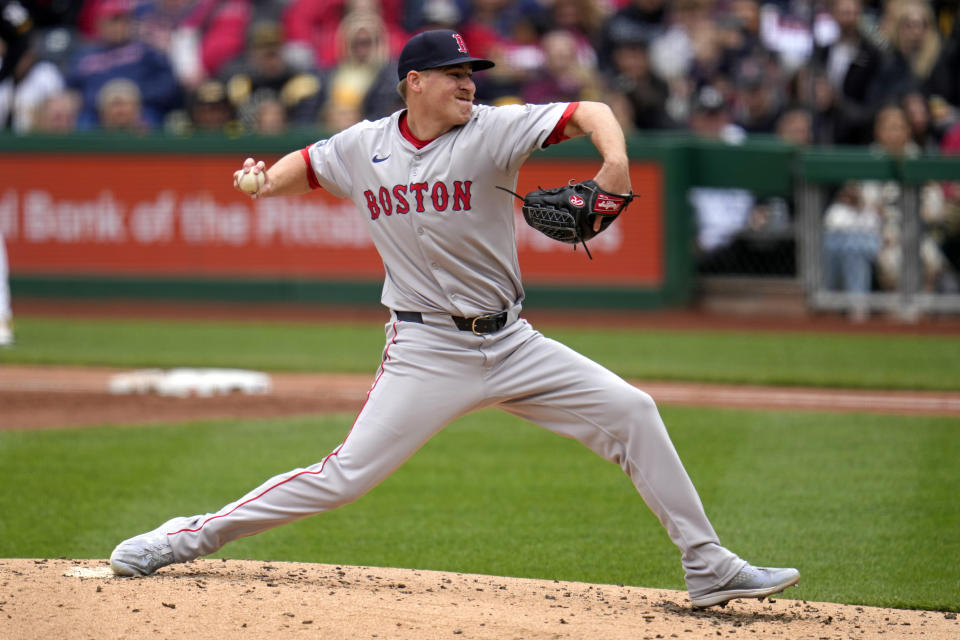 Boston Red Sox starting pitcher Josh Winckowski delivers during the second inning of a baseball game against the Pittsburgh Pirates in Pittsburgh, Sunday, April 21, 2024. (AP Photo/Gene J. Puskar)