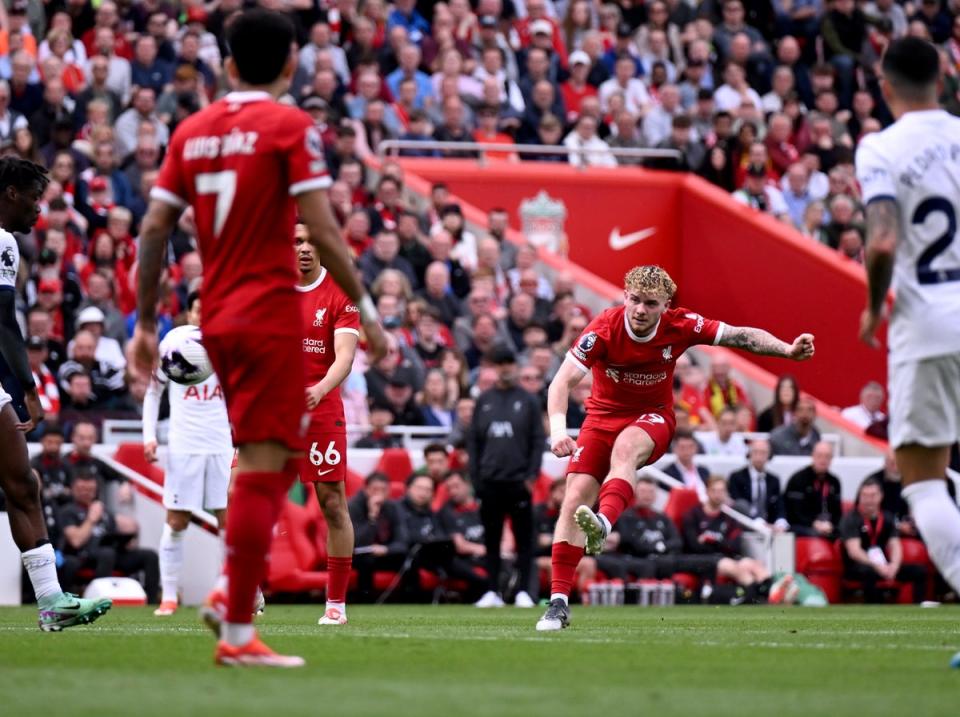 Harvey Elliott fires home Liverpool’s fourth goal (Liverpool FC/Getty)