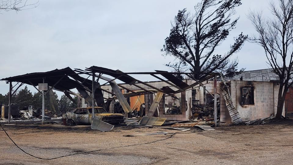 The remains of burned out structure from the Windy Deuce Fire are seen Friday, Feb. 29, 2024, near Fritch.