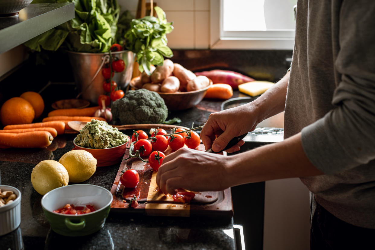 Shot of a vegan meal preparation with lots of vegetables and fruits on a domestic kitchen, MOSFiATA 8 inch Super Sharp Professional Chef's Knife with Finger Guard and Knife Sharpener, German High Carbon Stainless Steel EN1.4116 with Micarta Handle and Gift Box