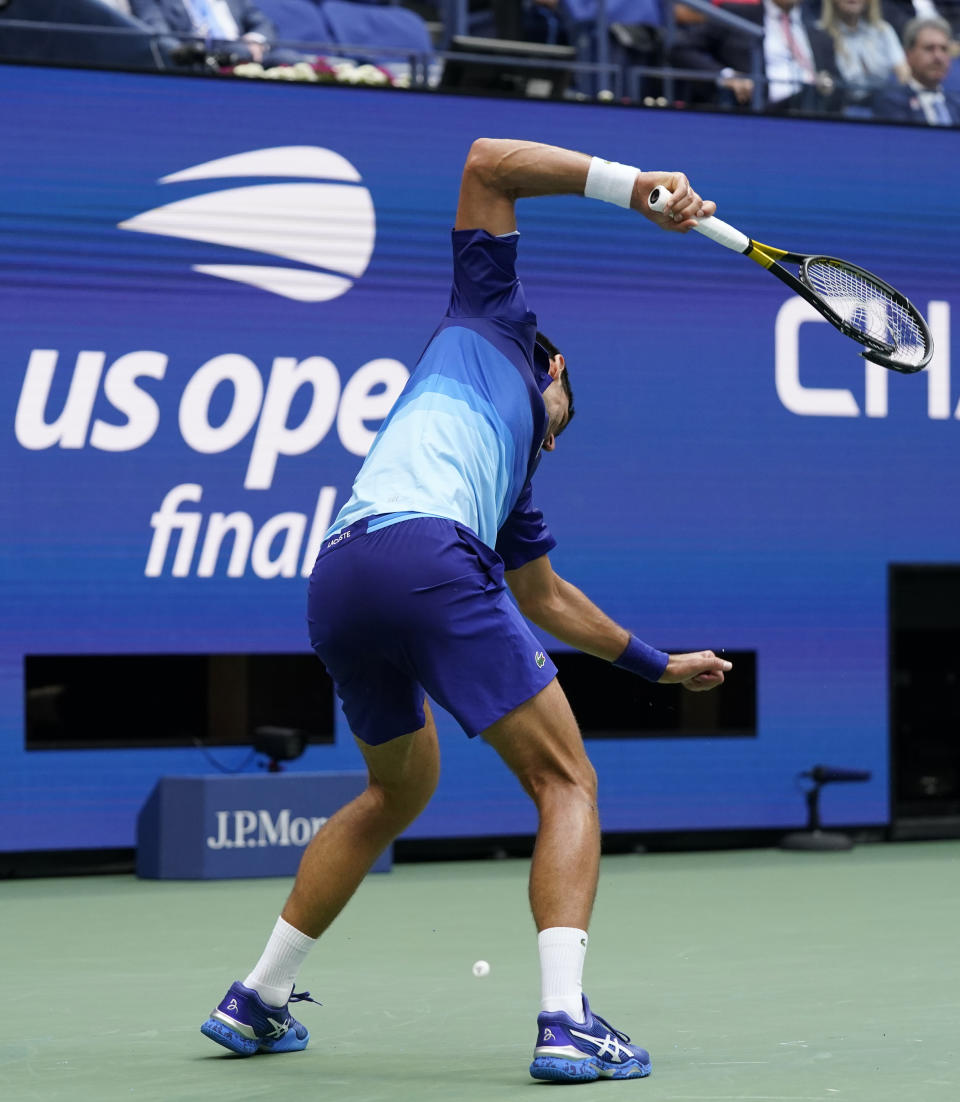 Novak Djokovic, of Serbia, smashes his racket after losing a point to Daniil Medvedev, of Russia, during the men's singles final of the US Open tennis championships, Sunday, Sept. 12, 2021, in New York. (AP Photo/Elise Amendola)