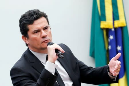 FILE PHOTO: Brazil's Justice Minister Sergio Moro speaks during a session of the Public Security commission at the National Congress in Brasilia