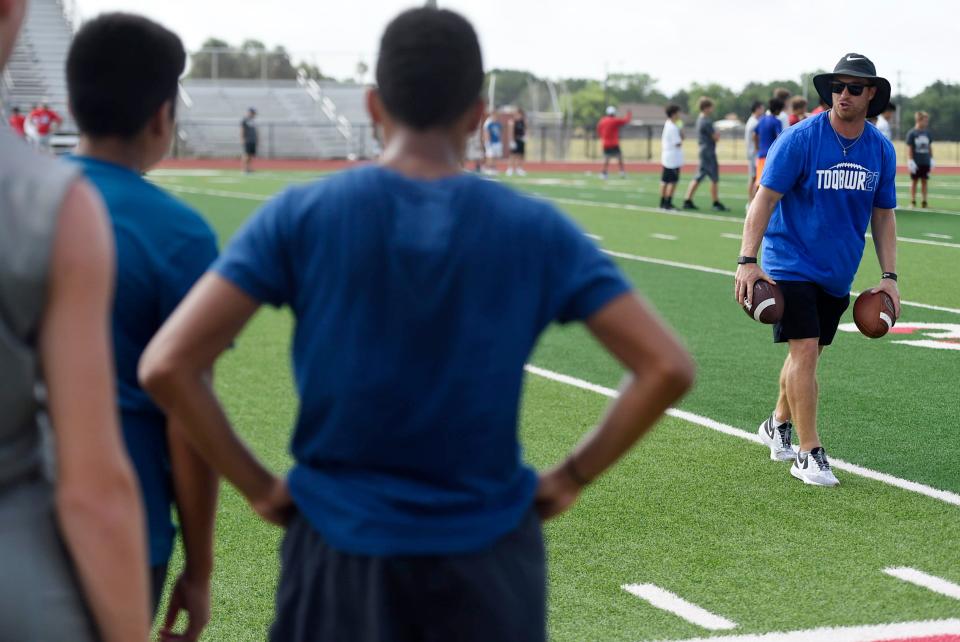 Legendary high school football coach Todd Dodge hosts a passing camp at Gregory-Portland High School for the second consecutive summer, Tuesday, July 16, 2019, in Portland. 