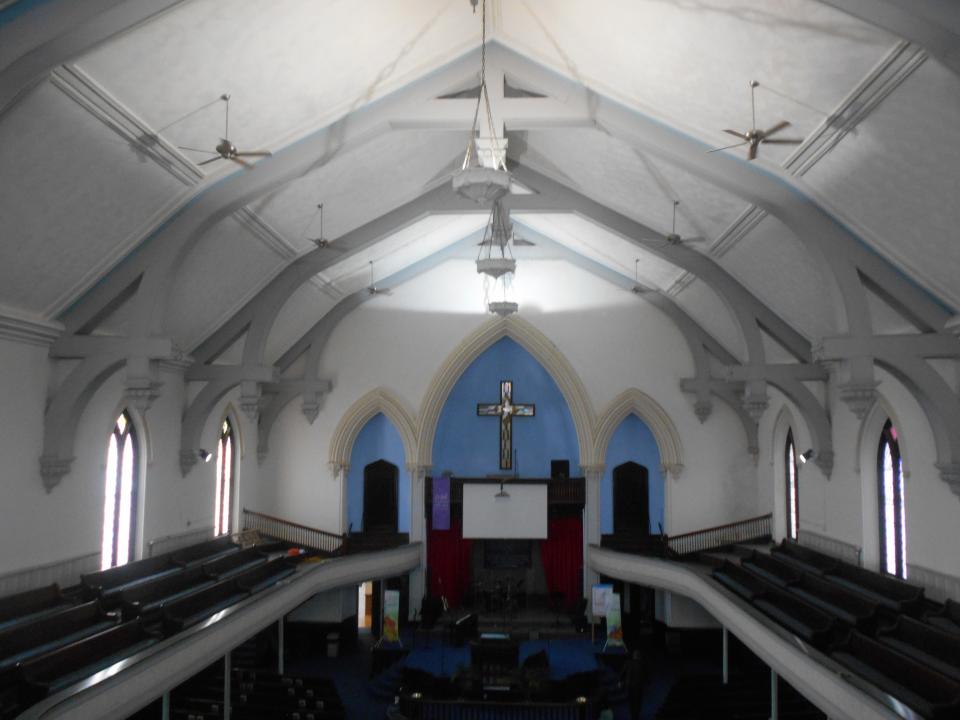 Inside of Landmark Church in Binghamton, facing the front.