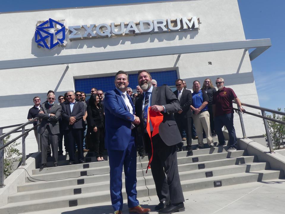 Exquadrum President Eric Schmidt, left, and CEO Kevin Mahaffy at the ribbon cutting of the company’s new headquarters at the Southern California Logistics Airport in Victorville. The duo and their company have been nominated to receive a Legacy Award during the 20th annual Spirit of Entrepreneurship gala in Riverside.