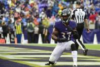 Sep 23, 2018; Baltimore, MD, USA; Baltimore Ravens running back Javorius Allen (37) reacts after scoring a touchdown during the third quarter Denver Broncos at M&T Bank Stadium. Mandatory Credit: Tommy Gilligan-USA TODAY Sports