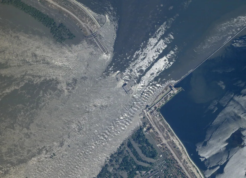 An aerial view of the damage at the Kakhovka dam in southern Ukraine