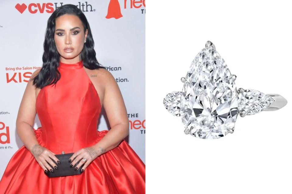 Demi Lovato shows commitment to her fiancé, Jordan “Jutes” Lutes, with a perfect pear balanced on a slender, contemporary band. To channel the same modern-meets-vintage vibe, try <a href="https://www.londonjewelers.com/london-collection-pear-shape-three-stone-diamond-ring" rel="nofollow noopener" target="_blank" data-ylk="slk:London Collection’s similarly shaped three-stone ring with diamonds set in platinum,;elm:context_link;itc:0;sec:content-canvas" class="link ">London Collection’s similarly shaped three-stone ring with diamonds set in platinum,</a> $206,400. Stephen Lovekin/Shutterstock