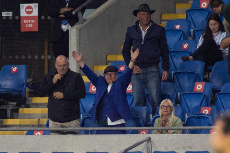 Cardiff, UK. 05th Aug, 2021. The New Saints owner Mike Harris celebrates his sides fourth goal. The New Saints v FC Viktoria Plzeň in the UEFA Europa Conference League 3rd qualifying round at the Cardiff City Stdaium on the 5th August 2021. Credit: Lewis Mitchell/Alamy Live News