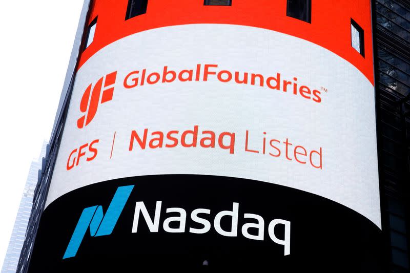 Screen displays the company logo for semiconductor and chipmaker GlobalFoundries Inc. during the company's IPO at the Nasdaq MarketSite in Times Square in New York