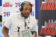 Philadelphia 76ers head coach Doc Rivers talks to the media during the NBA basketball team's Media Day in Camden, N.J., Monday, Sept. 27, 2021. (AP Photo/Chris Szagola)