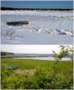 Un barco en un pantano cubierto por nieve y hielo en Gloucester que recibe la réplica del mismo barco pero esta vez a salvo de los elementos en la imagen inferior.