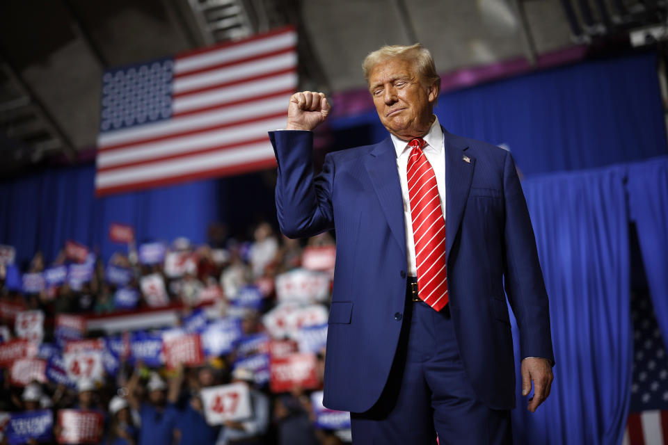 JOHNSTOWN, PENNSYLVANIA - AUGUST 30: Republican presidential candidate and former US President Donald Trump speaks during a campaign rally at First Summit Arena at the Cambria County War Memorial in Johnstown, Pennsylvania, August 30, 2024. Trump called out his opponents, promising to cut energy bills in half, conduct the largest deportation campaign in history and impose a 200% tariff on foreign-made cars. 