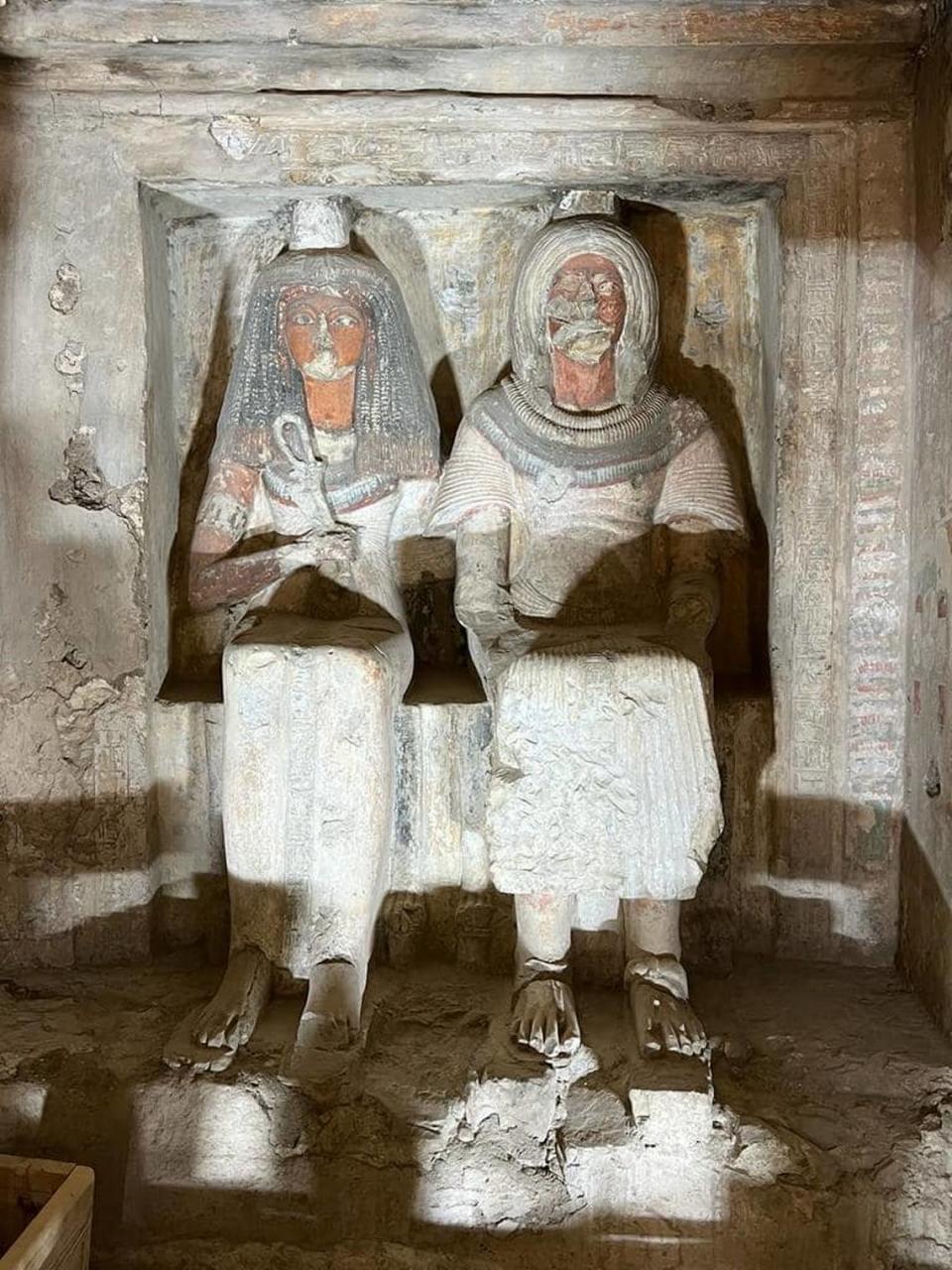 The statues of Neferhotep and his family inside his restored 3,300-year-old tomb. Photo from Egypt’s Ministry of Tourism and Antiquities