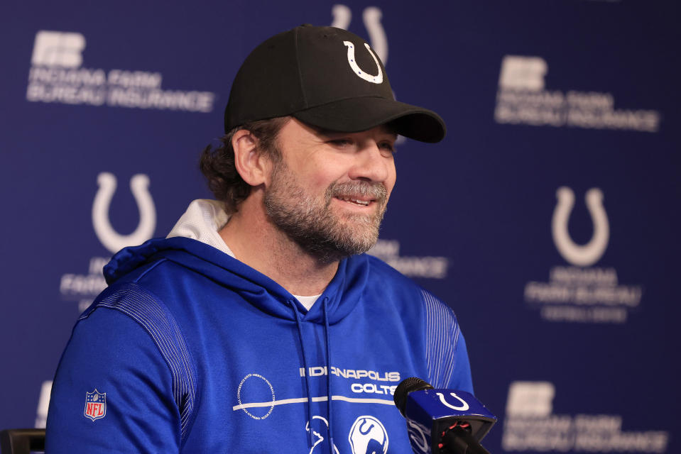 INDIANAPOLIS, INDIANA - JANUARY 09: Interim head coach Jeff Saturday of the Indianapolis Colts speaks to media at a press conference at the Indiana Farm Bureau Football Center on January 09, 2023 in Indianapolis, Indiana. (Photo by Justin Casterline/Getty Images)