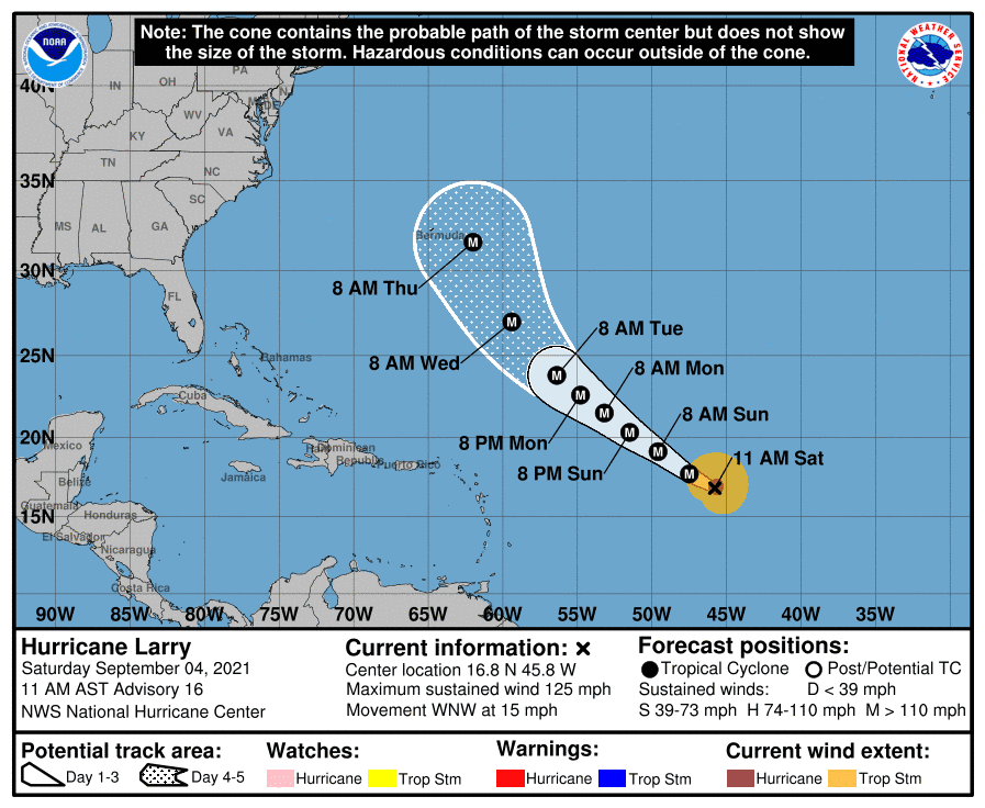 The forecast track of Hurricane Larry shows the storm potentially approaching Bermuda later next week.