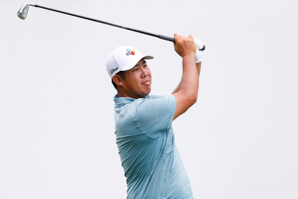 Byeong Hun An tees off at the first hole during the third round of the FedEx St. Jude Championship at TPC Southwind in Memphis, Tenn., on Saturday, August 12, 2023.