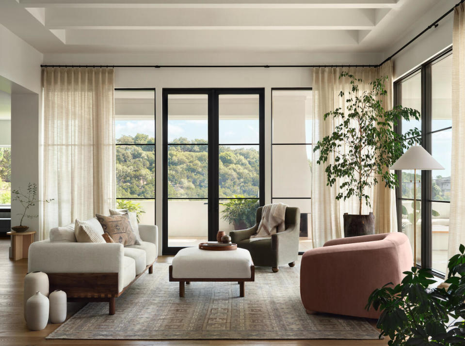 Selections from the Helm Living Room collection, including the Bay armchair in Dusty Mauve cotton velvet 
