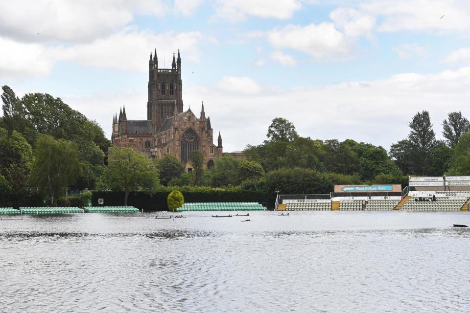 Worcestershire County Cricket Club's New Road ground in Worcester fully submerged by floodwater (PA)