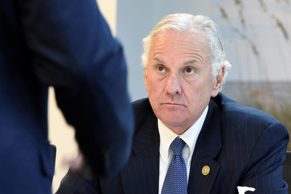 South Carolina Gov. Henry McMaster listens to a presentation on horseshoe crab blood, which is a vital component in the contamination testing of injectable medicines - including the coronavirus vaccines - at Charles River Labs on Friday, Aug. 6, 2021, in Charleston, S.C. (AP Photo/Meg Kinnard)