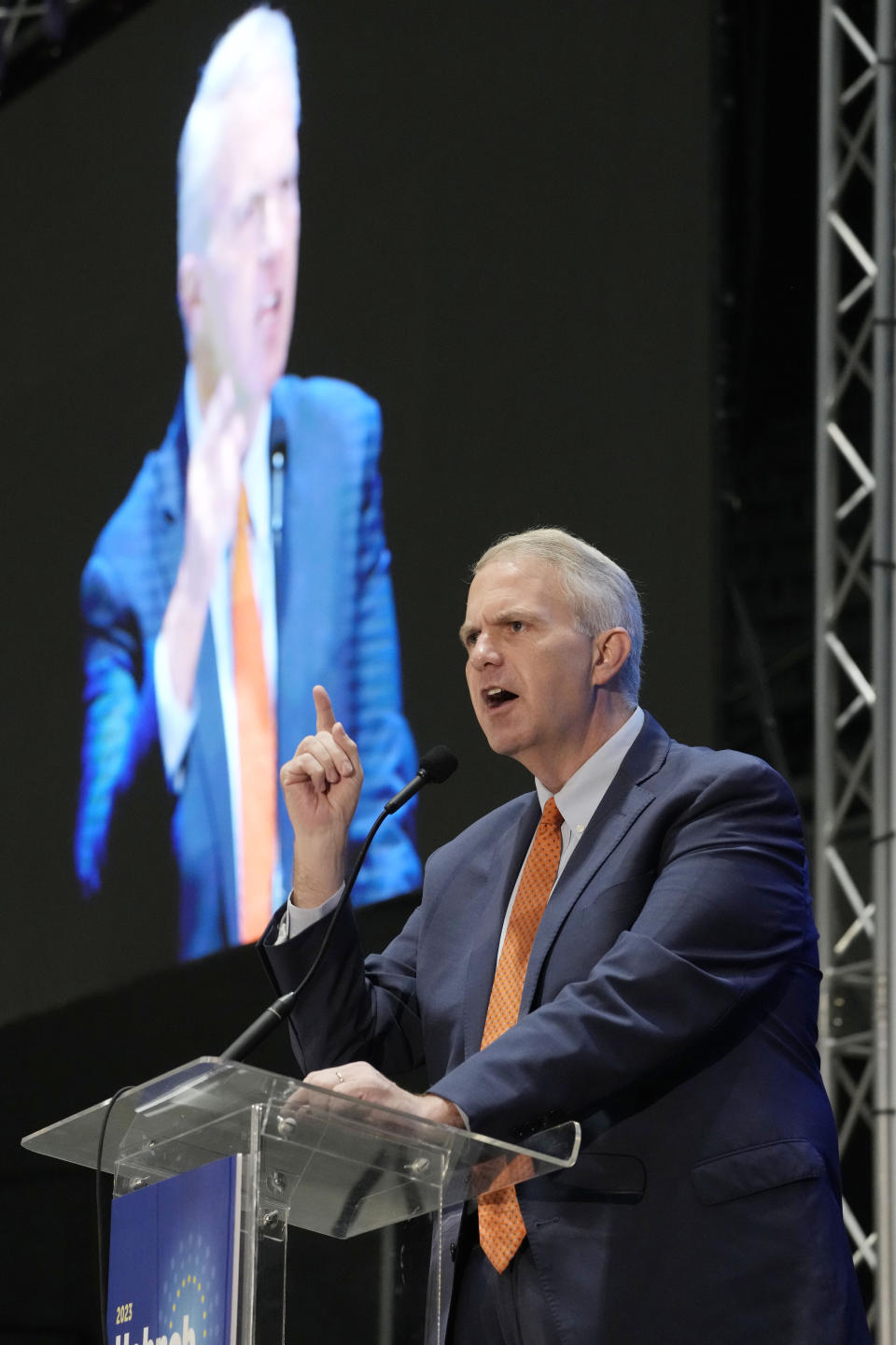 Brandon Presley, Democratic candidate for Mississippi Governor, addresses a group of business leaders at the 2023 Hobnob, sponsored by the Mississippi Economic Council, in Jackson, Miss., Thursday, Oct. 26, 2023. (AP Photo/Rogelio V. Solis)