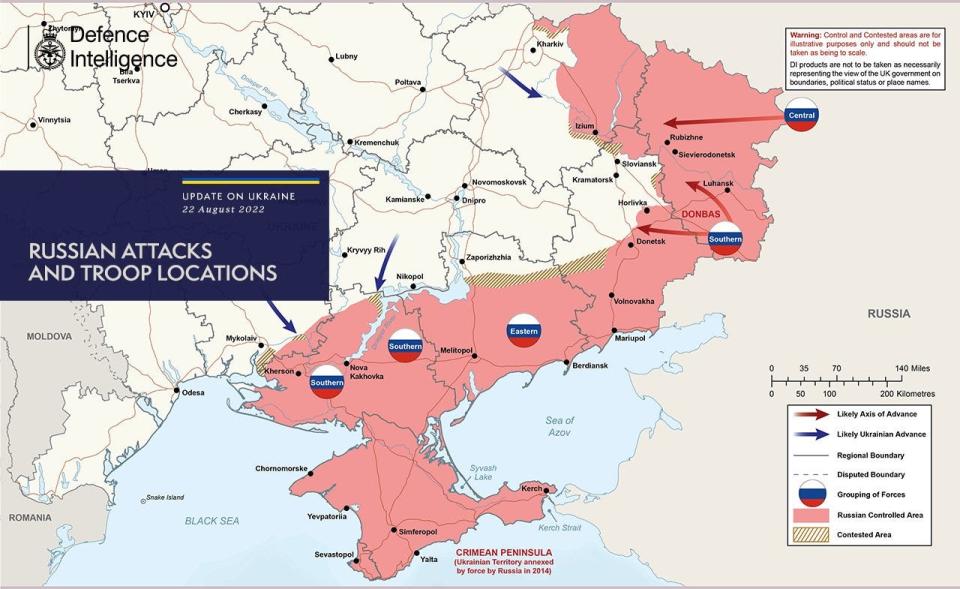 Map of the battle lines in Ukraine as of August 22.