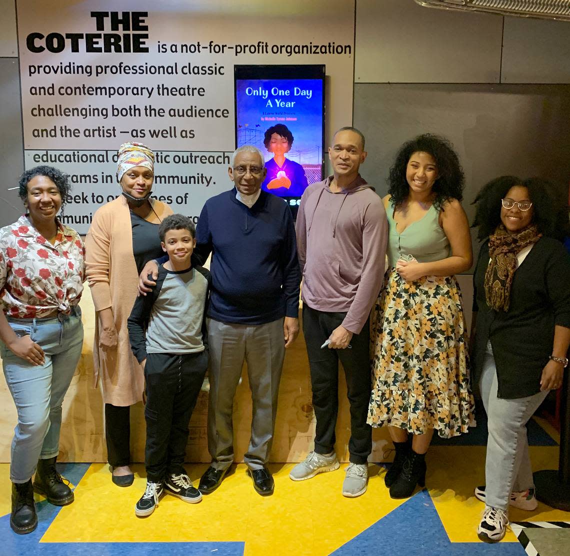 The cast of “Only One Day a Year,” from left: Dominique Lorae (teenage Rose James), Sherri Roulette-Mosley (adult Rose), Patrick McGee Jr. (Frank James), Frank Dodson (August Butler), L. Roi Hawkins (Bernard James/Principal Hanna), Daphany Edwards (Ella Wilson) and co-director Teresa Leggard (Oletha Smithfield).