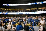 <p>Fans listen to Hall of Fame Los Angeles Dodgers broadcaster Vin Scully during Vin Scully Appreciation Day before the team’s baseball game against the Colorado Rockies, Friday, Sept. 23, 2016, in Los Angeles. (AP Photo/Jae C. Hong) </p>