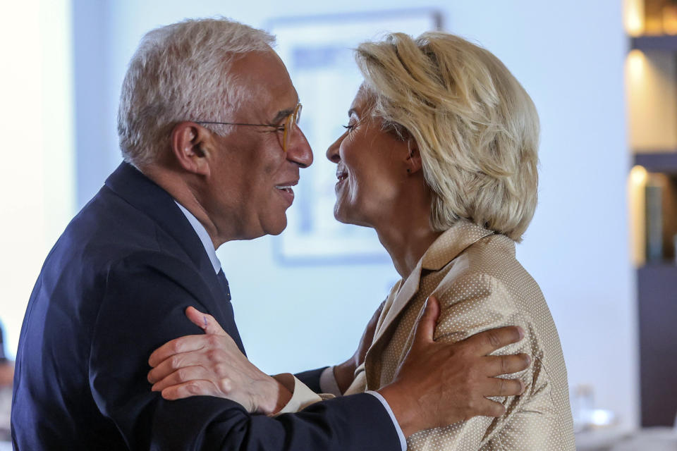 European Commission President Ursula Von der Leyen and former Portuguese Prime Minister Antonio Costa, left, attend a meeting at Brussels Airport, Brussels, Belgium, Friday June 28, 2024, a day after the EU summit. European Union leaders have agreed on the officials who will be the face of the world’s biggest trading bloc in coming years for issues ranging from anti-trust investigations to foreign policy. The EU presidency of the Council said Ursula von der Leyen was approved for a second term as the EU’s executive Commission. (Olivier Hoslet/Pool via AP)