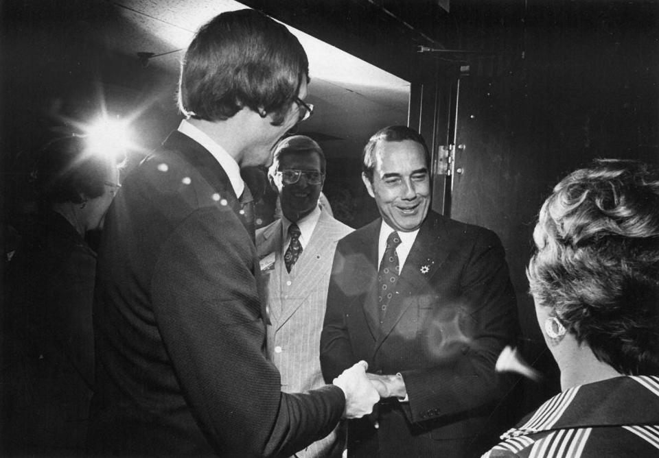 Sen. Bob Dole, R-Kan., won reelection to his second term in office in November 1974. This photo showed him greeting well-wishers the following year at a reception held in his honor in the lower lounge of the Downtown Ramada Inn.