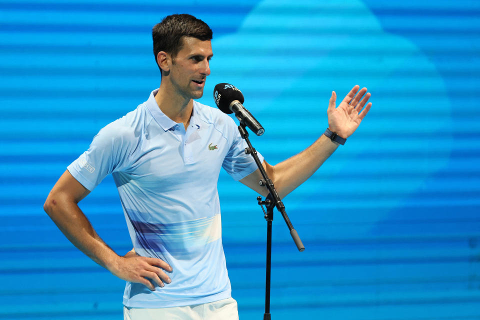 Novak Djokovic (pictured) speaks in his post-match interview.