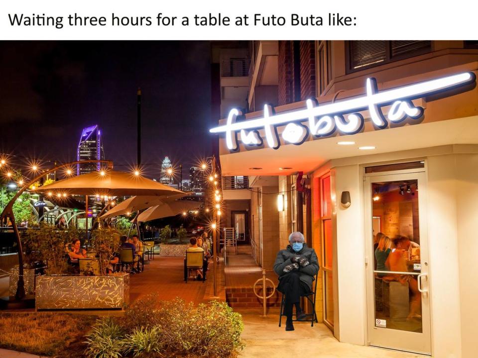 Suck My Charlotte Memes created a Bernie Sanders meme of him waiting for a table at Futo Buta in South End.