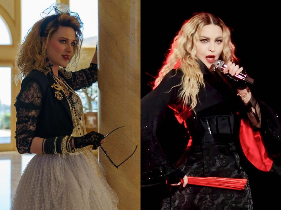 left: evan rachel wood as madonna in the weird al yankovic biopic; right: madonna performing