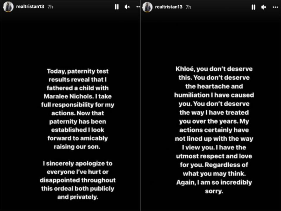 Tristan Thompson apology to Khloe Kardashian