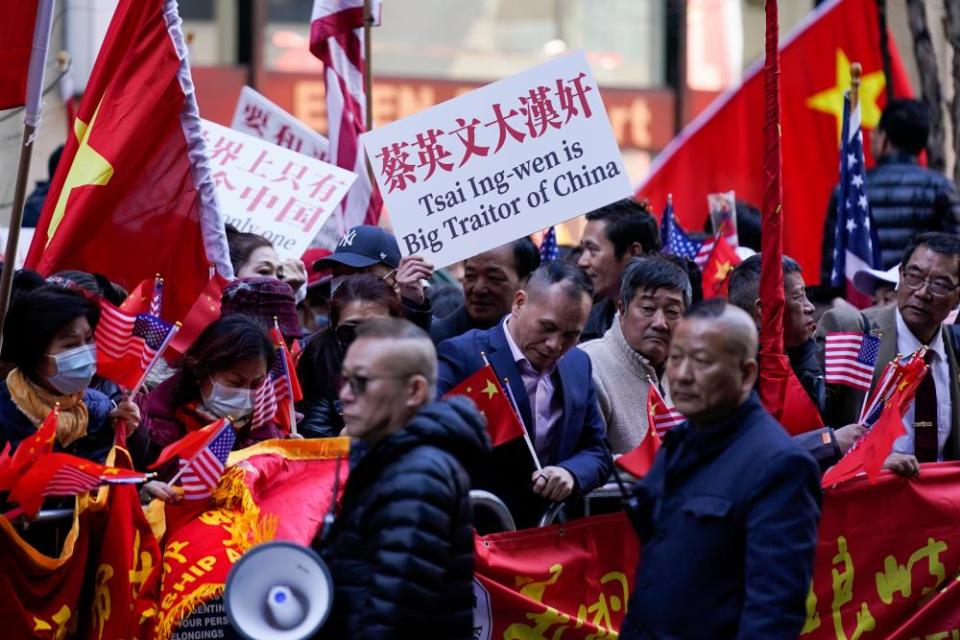 Protesters opposed to Taiwanese independence gather at close to the hotel where Tsai Ing-wen is staying in New York