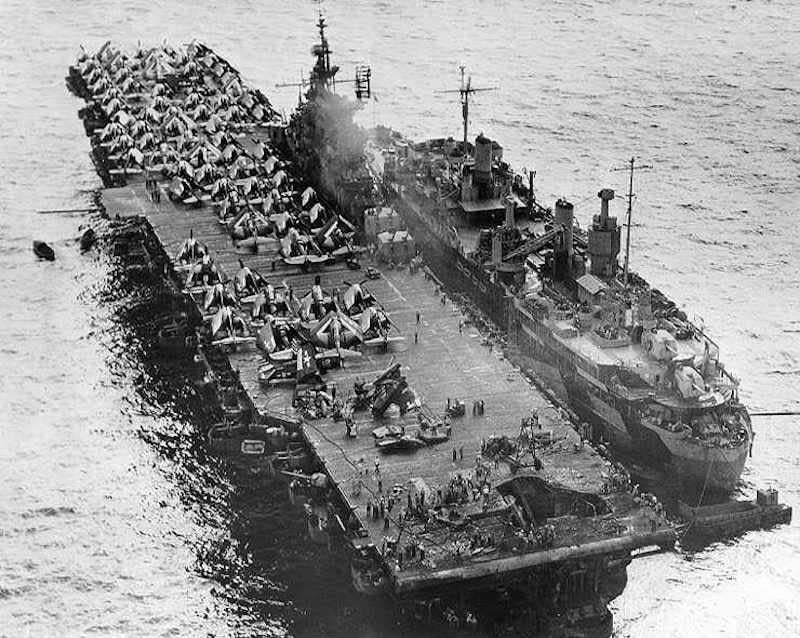 Navy aircraft carrier USS Randolph kamikaze damage