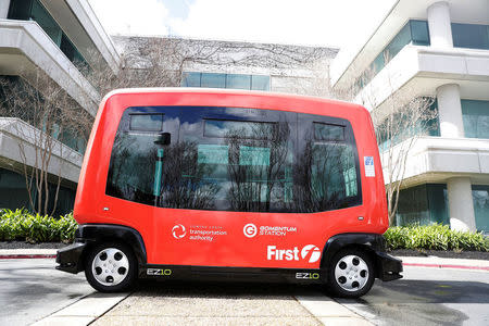 An EasyMile EZ10 shared autonomous vehicle is seen during a deployment demonstration at Bishop Ranch in San Ramon, California March 6, 2017. REUTERS/Stephen Lam