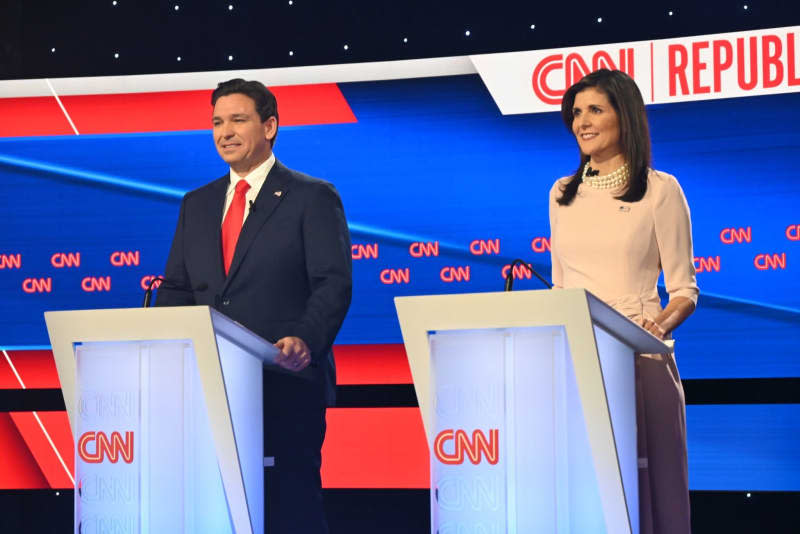 Republican presidential candidates Governor of Florida Ron DeSantis and former UN Ambassador Nikki Haley take part in the CNN Republican Presidential Primary Debate in Sheslow Auditorium at Drake University. Kyle Mazza/TheNEWS2 via ZUMA Press Wire/dpa