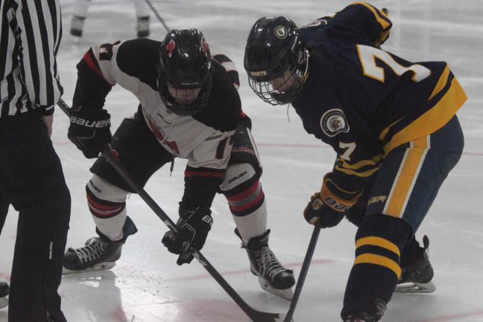 A Devils Lake and Fargo North skater (left and right, respectively) prepare for a faceoff on Jan. 25.