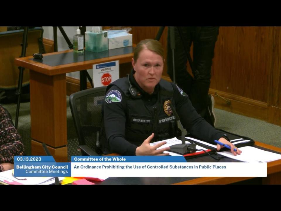 In a screen grab from video, Bellingham Police Chief Rebecca Mertzig discusses an ordinance to criminalize public use of non-prescription drugs during a meeting of the City Council’s Committee of the Whole on March 13, 2023, at City Hall in Bellingham, Wash.