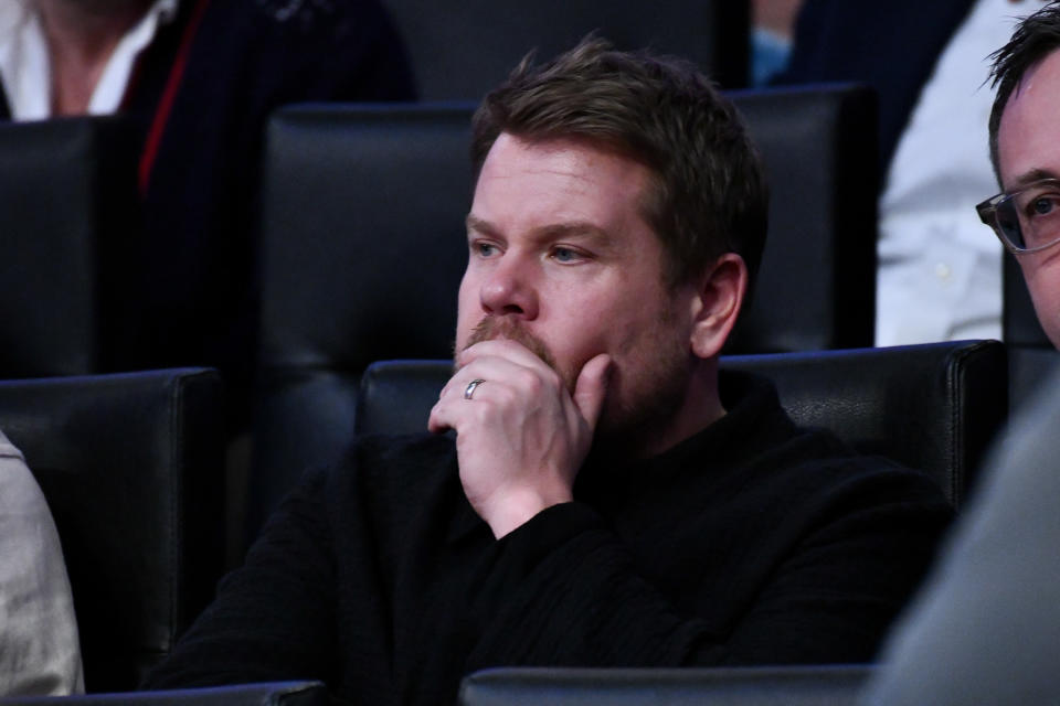 James Corden attends a basketball game between the Los Angeles Lakers 