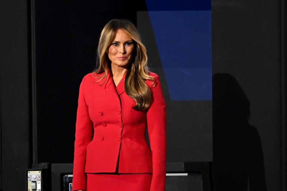 Melania Trump at the RNC, wearing a red skirt suit.