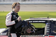 Brad Keselowski gets ready for the start of the NASCAR Cup Series road-course auto race at Daytona International Speedway, Sunday, Feb. 21, 2021, in Daytona Beach, Fla. (AP Photo/John Raoux)