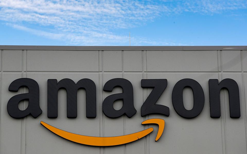 The Amazon logo is seen outside its JFK8 distribution center in Staten Island, New York