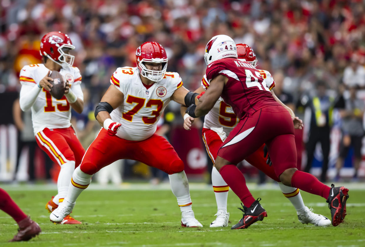 Sep 11, 2022; Glendale, Arizona, USA; Kansas City Chiefs guard Nick Allegretti (73) against the Arizona Cardinals at State Farm Stadium. Mandatory Credit: Mark J. Rebilas-USA TODAY Sports