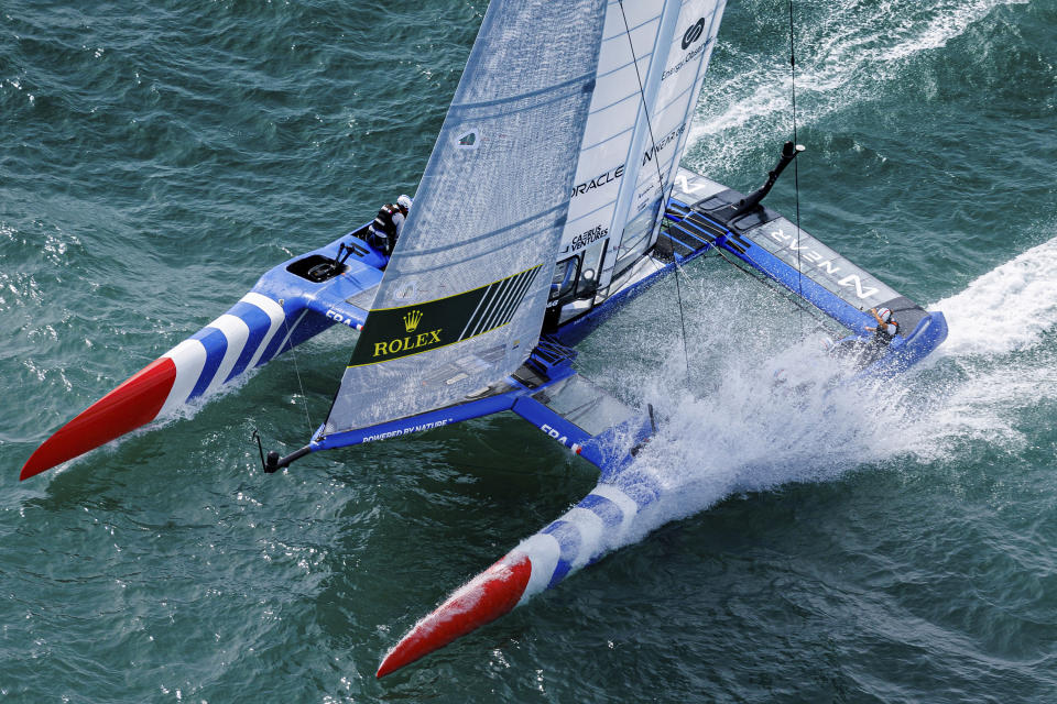 In this photo provided by SailGP, the France SailGP Team, helmed by Quentin Delapierre, sail their way to victory as they win their first ever SailGP event at the Spain Sail Grand Prix in Cadiz, Andalusia, Spain, Sunday, Sept. 25, 2022. (David Gray/SailGP via AP)