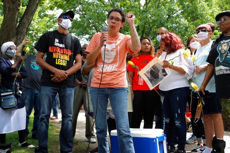 Amity Dimock stakes part in a protest in front of the Governor's Mansion in St. Paul, Minn., on June 6, 2020, after George Floyd's death. Her son Kobe Dimock-Heisler was fatally shot by Brooklyn Center police.