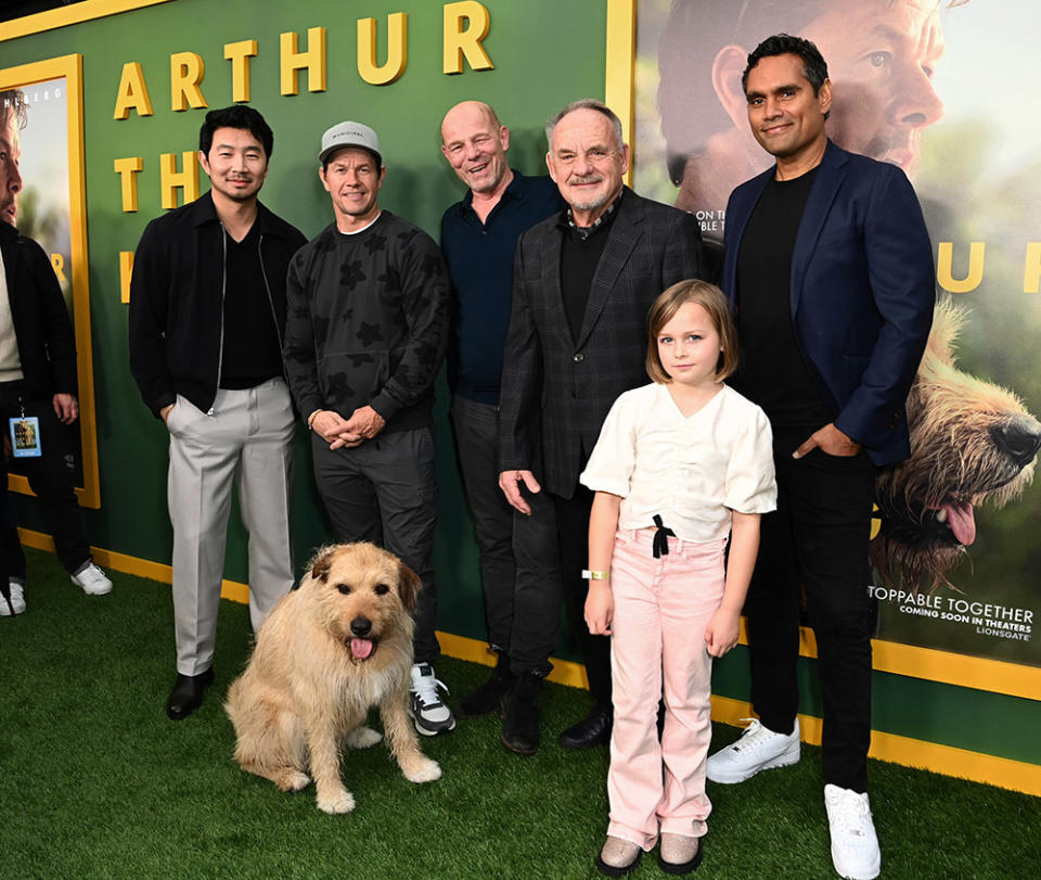 Simu Liu, Mark Wahlberg, director Simon Cellan Jones, Paul Guilfoyle, Cece Valentina and Rob Collins attend "Arthur The King" Special Screening And Adoption Event at AMC Century City 15 on February 19, 2024 in Los Angeles, California.