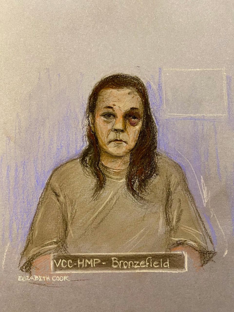 A court artist sketch of Gemma Watts appearing via video link at the Old Bailey on Thursday. (PA)